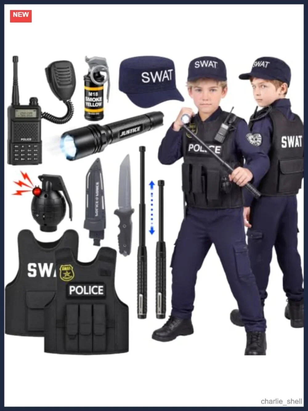 Kids SWAT Police Costume 10-Piece Cop Dress Up Set Halloween Pretend Play